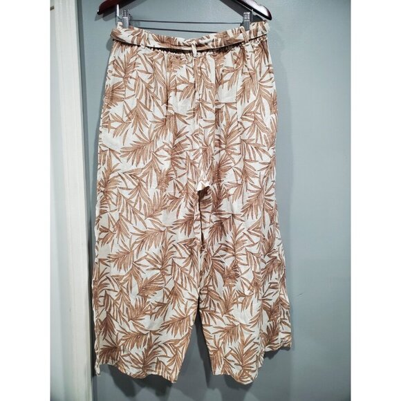 Nicole Miller Pants European Flax Linen Wide Leg Belted Brown Leaf Print Sz XL - Picture 2 of 12